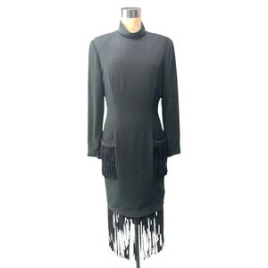 RARE Vintage Bill Blass Black Long Sleeve Mock‎ Neck Dress with Fringe S